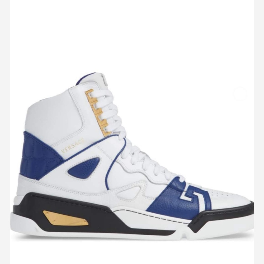 Versace Men's White, Blue, and Gold Sneakers